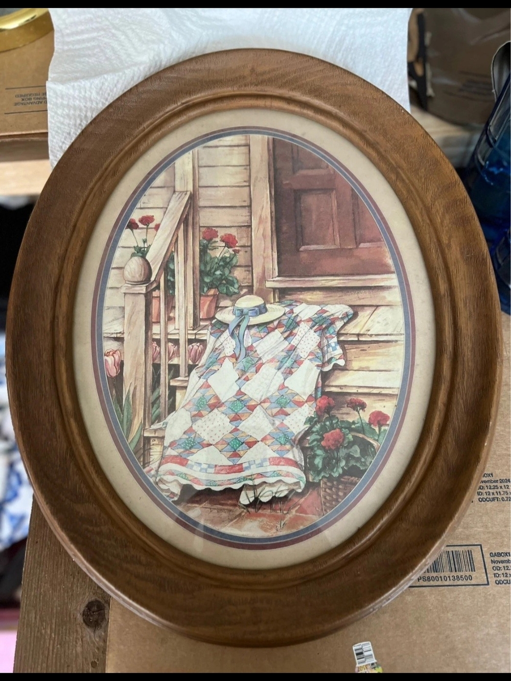 Vintage Homco Quilted Print in Oval Wood Frame - Cottage Floral Scene
